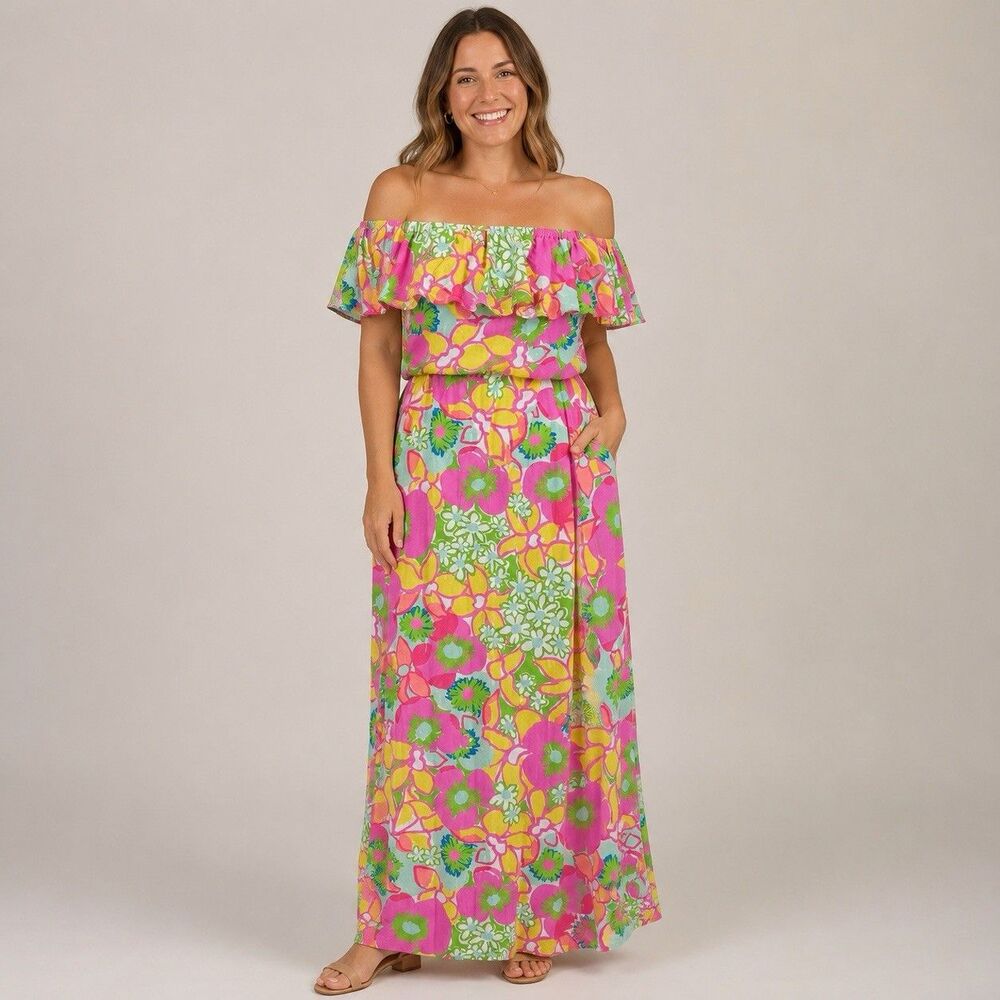 Lilly Pulitzer Maxi Dress XS Marley Ice Cream Social Off Shoulder Floral Resort